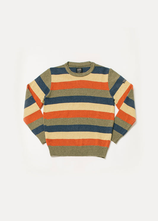 Men's or unisex sweater with wide colored stripes. The stripes are yellow, blue, orange and green. 