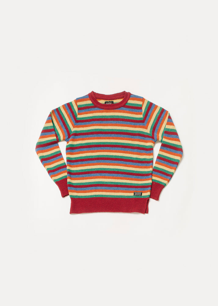 Women's or unisex striped sweater in blue, red, green, yellow and orange.