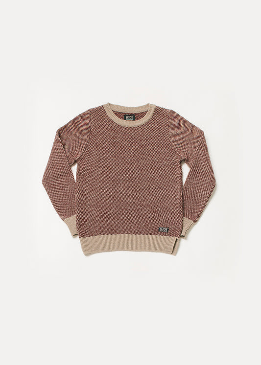 Women's or unisex sweater in red and camel. The design is very simple but the rice grain fabric gives it a very nice effect. 
