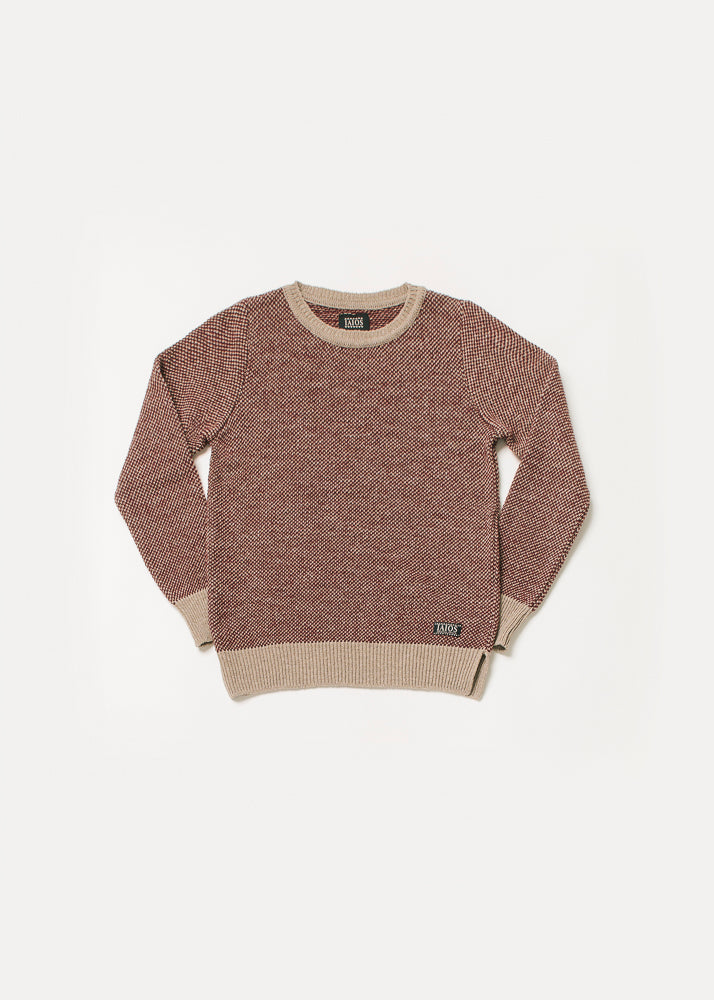 Jersey mujer o unisex de rojo y camel. El diseño es muy sencillo pero el tejido en grano de arroz le da un efecto muy bonito. 