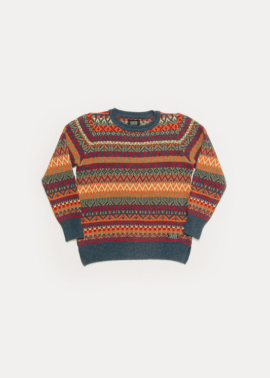 Women's or unisex knitted sweater in red, orange and blue tones. It is a jacquard of 5 colors so you get a Christmas sweater result.