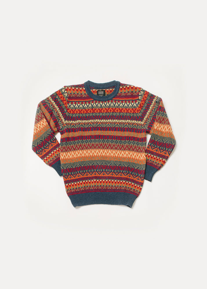 Men's or unisex knitted sweater in red, orange and blue tones. It is a jacquard of 5 colors so you get a Christmas sweater result.