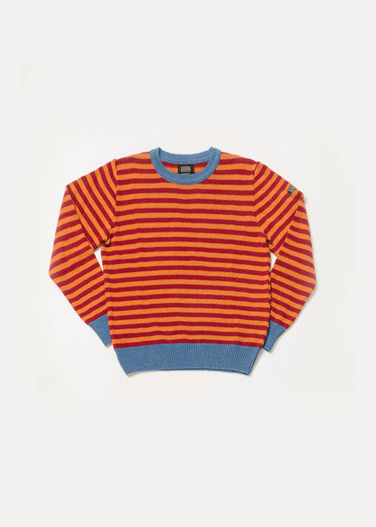 Men's or unisex knitted sweater in red and orange stripes with blue ribbing and collar.