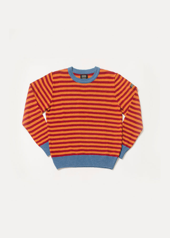 Jersey de punto de hombre o unisex de rayas rojas y naranjas con los canalers y cuello axzules.