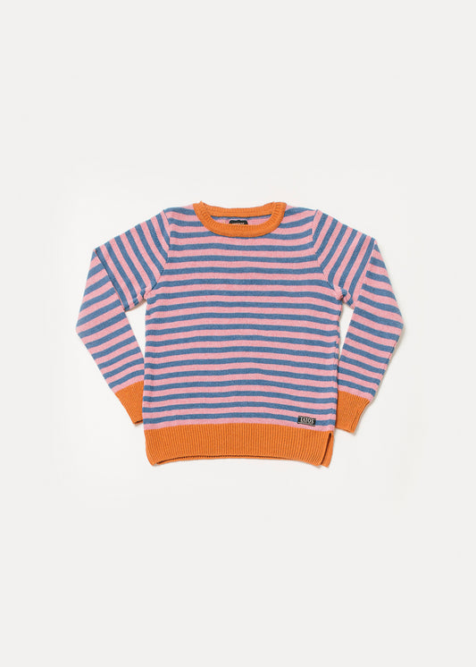 Women's or unisex knitted sweater in pink and blue stripes with orange ribbing and collar. 