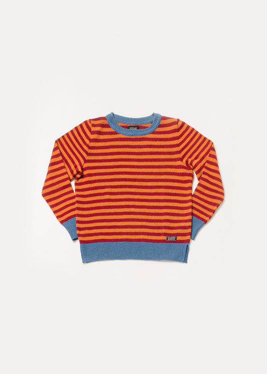 Women's or unisex knitted sweater in red and orange stripes with blue ribbing and collar.
