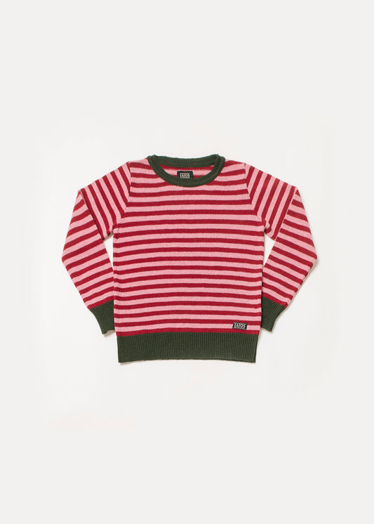 Women's or unisex knitted sweater in pink and red stripes with dark green ribbing and collar.